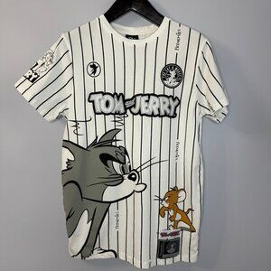 Tom and Jerry Crew Neck White Striped Frenemies Patch T Shirt Sz M